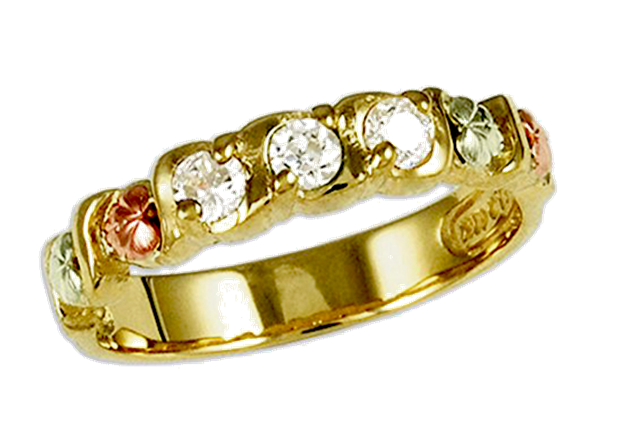 10k Yellow Gold, 12k Rose Gold, 12k Green Gold Three Stone Diamond Band with Black Hills Gold Motif