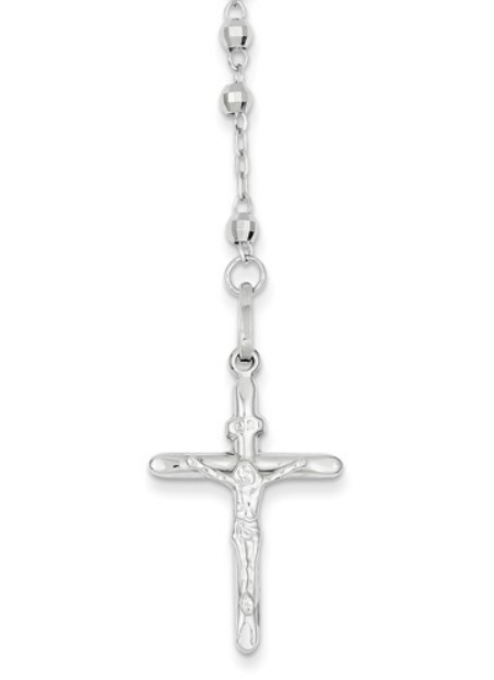 14k white gold diamond-cut rosay bead necklace Jesus Rising crucifix.