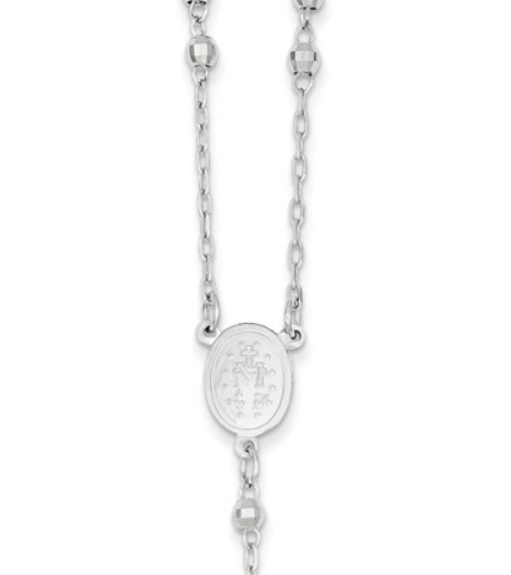 14k white gold rosary bead necklace medallion.