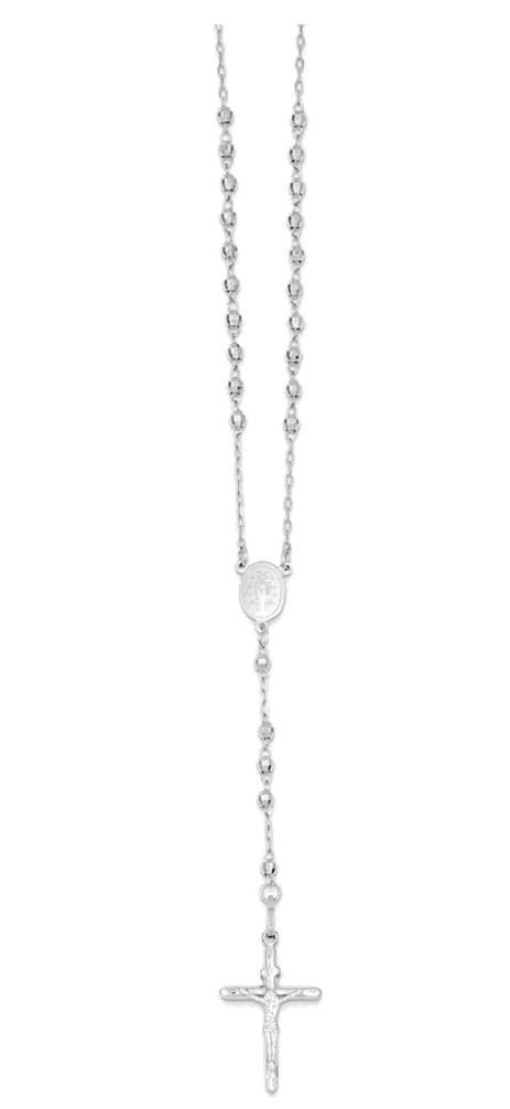 Diamond-Cut Rhodium Plated 14k White Gold Rosary Bead Necklace