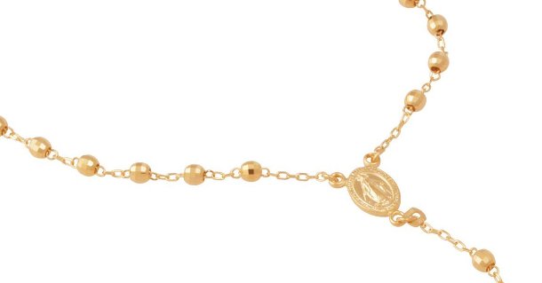 14k yellow gold rosary necklace with the Blessed Virgin center medal.