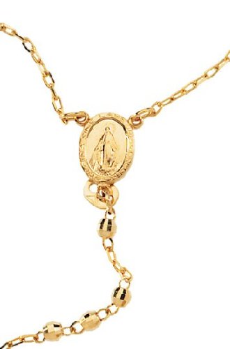 14k yellow gold rosary necklace with close up of gorgeous shimmering 14k yellow gold beads and the Blessed Virgin medal..