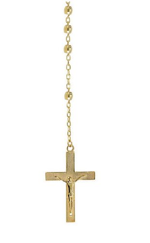 14k yellow gold rosary necklace, close up of Crucifix with Florentine finish.