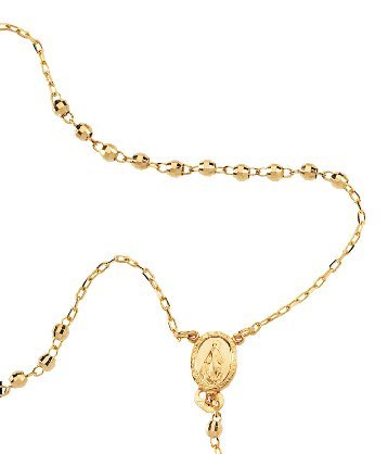14k yellow gold rosary necklace, close up of beads and station chain.
