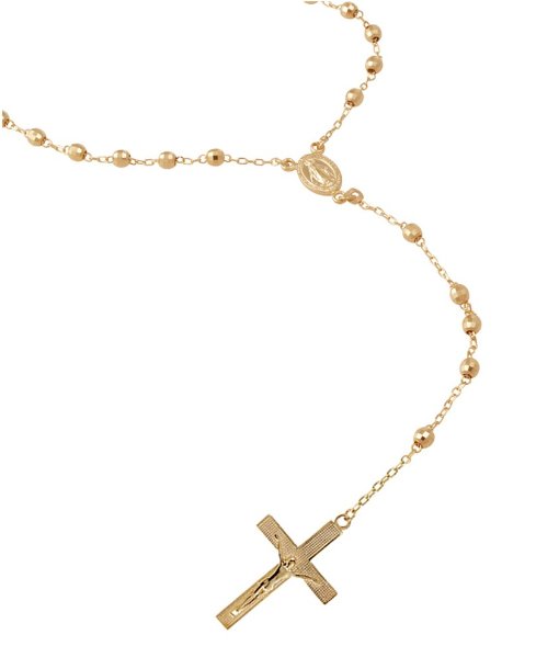 14k Yellow Gold Rosary Necklace with 25 inch neck loop.