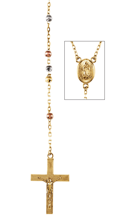 14k Rose Gold, White Gold, Yellow Gold Rosary Beads with 14k Yellow Gold Blessed Virgin Medal