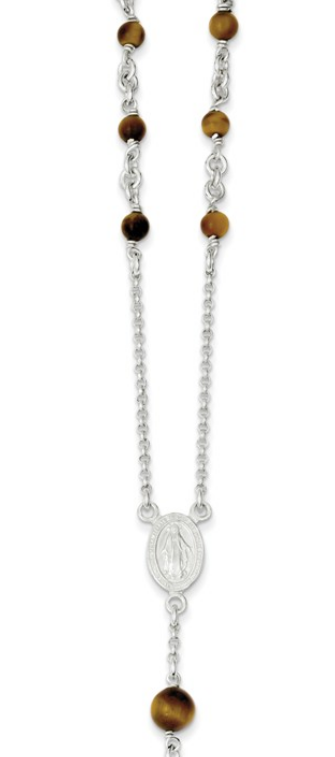 Sterling Silver Blessed Virgin Medal On-Center of Tiger's Eye Rosary Beads