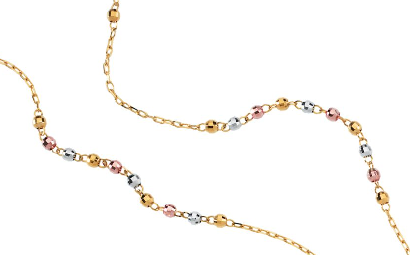 Close-up of 14k Trigold Diamond-Cut rosary beads for the rosary bead necklace.