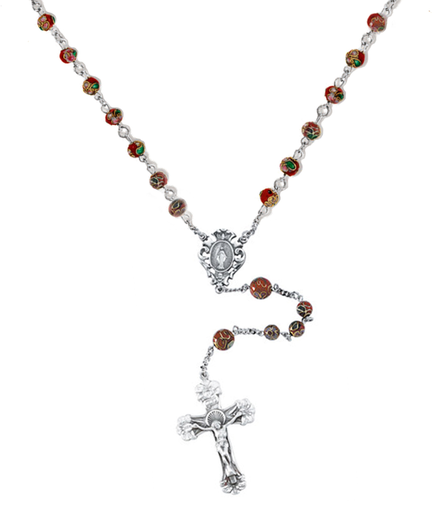 Red Cloisonne Prayer Beads Necklace, Sterling Silver
