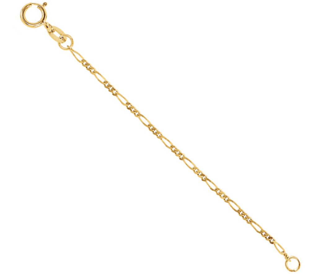 1.25mm 14k yellow gold Figaro chain necklace extender and safety chain in lengths 2.25 and 3 inch lengths.