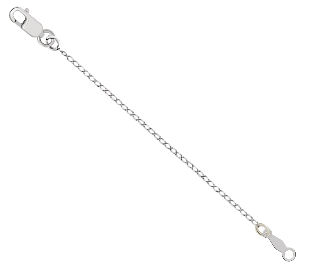 14k white gold 1.00mm curb chain necklace extender and safety chain with lobster clasp. Offered in 2.25 to 4 inch lengths.