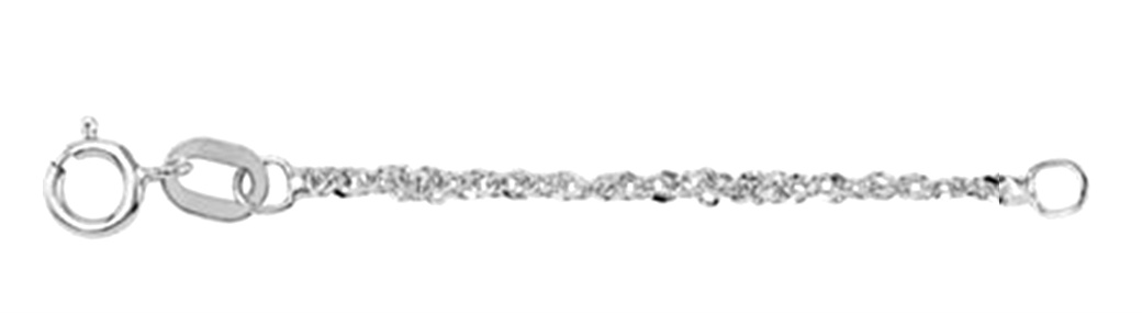14k white gold sparkling, solid Singapore chain necklace extender and safety chain. Comes in 2.25 and 3 inch lengths.