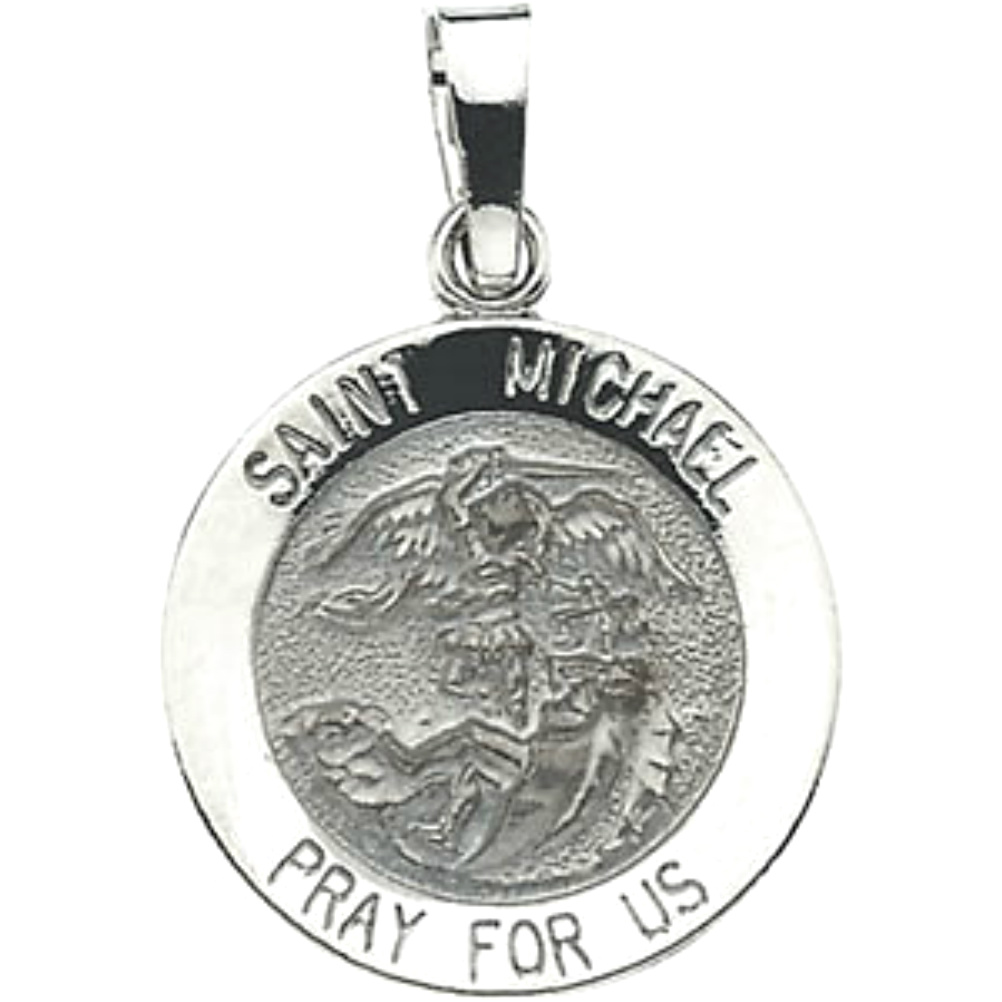 Antiqued Round 14k White Gold Saint Michael Medal.