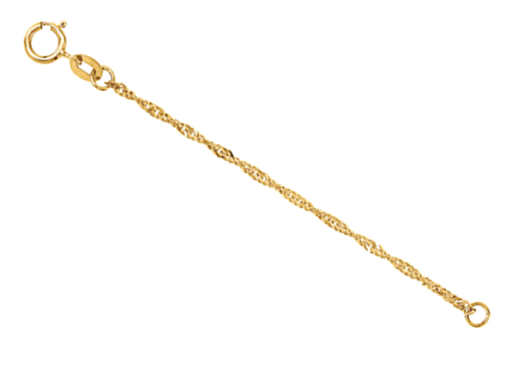 14k yellow gold sparkling Singapore chain necklace extender and safety chain. Comes in 2.25 to 4 inch lengths.