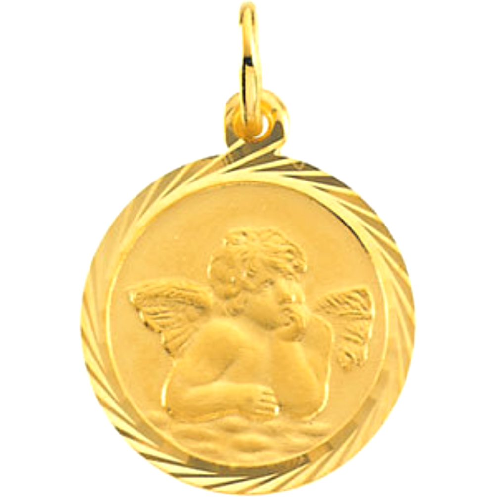 14k yellow gold archangel Raphael medal with diamond-cut wheat trim edging.