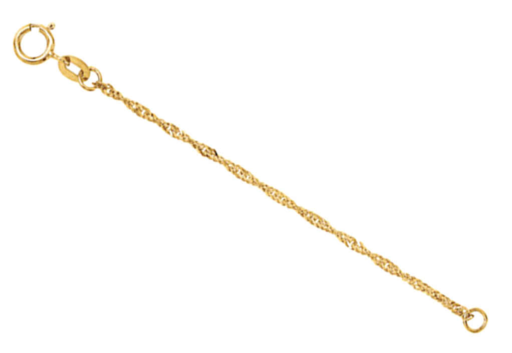 14k yellow gold sparkling Singapore chain necklace extender and safety chain. Comes in 2.25 to 4 inch lengths.