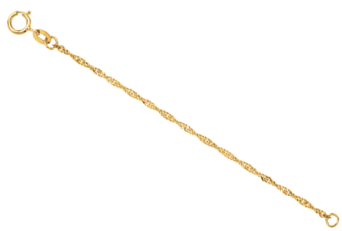 14k yellow gold sparkling Singapore chain necklace extender and safety chain. Comes in 2.25 to 4 inch lengths.