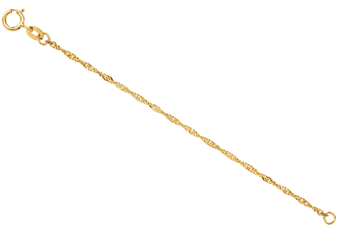 14k yellow gold sparkling Singapore chain necklace extender and safety chain. Comes in 2.25 to 4 inch lengths.