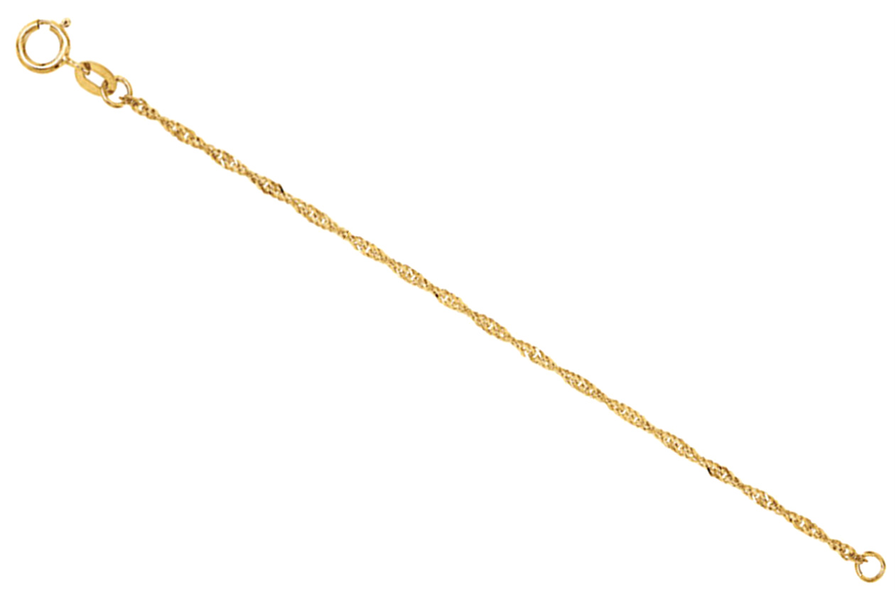 14k yellow gold sparkling Singapore chain necklace extender and safety chain. Comes in 2.25 to 4 inch lengths.
