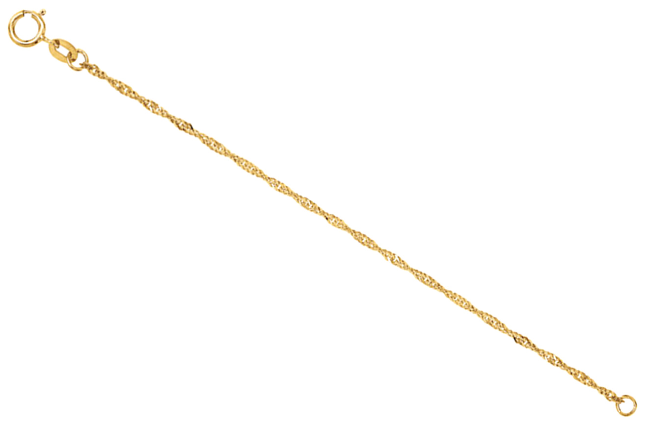 14k yellow gold sparkling Singapore chain necklace extender and safety chain. Comes in 2.25 to 4 inch lengths.