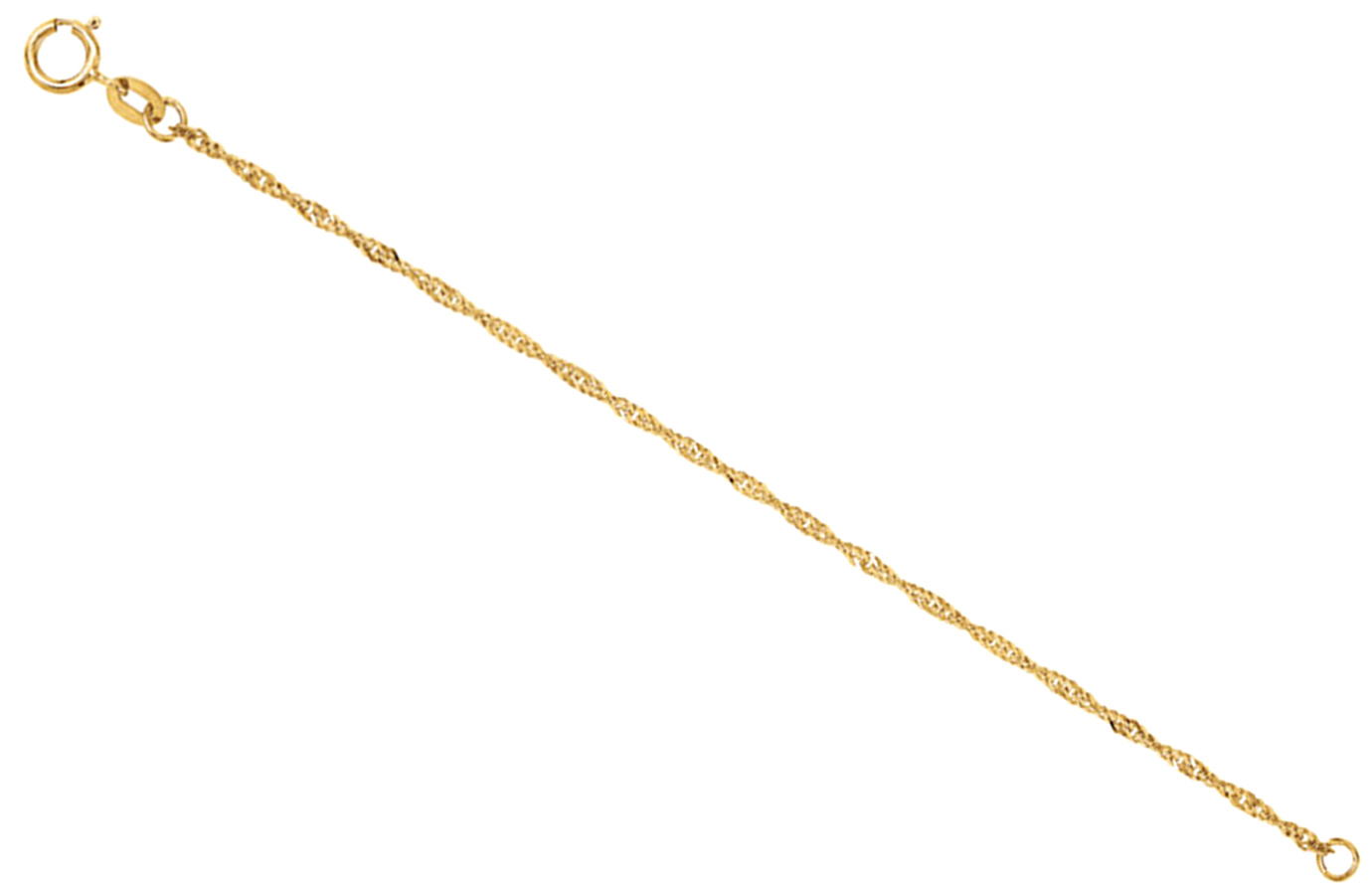 14k yellow gold sparkling Singapore chain necklace extender and safety chain. Comes in 2.25 to 4 inch lengths.