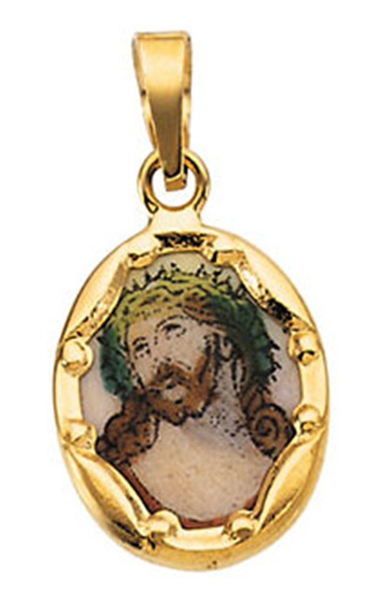 14k Yellow Gold Face of Jesus Hand-Painted Porcelain Medal (13x10 MM).