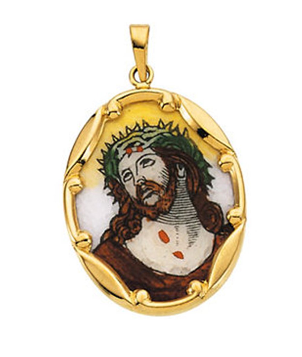 14k Yellow Gold Face of Jesushttp://www.livinglifeboomerstyle.com/wp-content/uploads/2017/02/R16469-104340-P.jpg Hand-Painted Porcelain Medal.