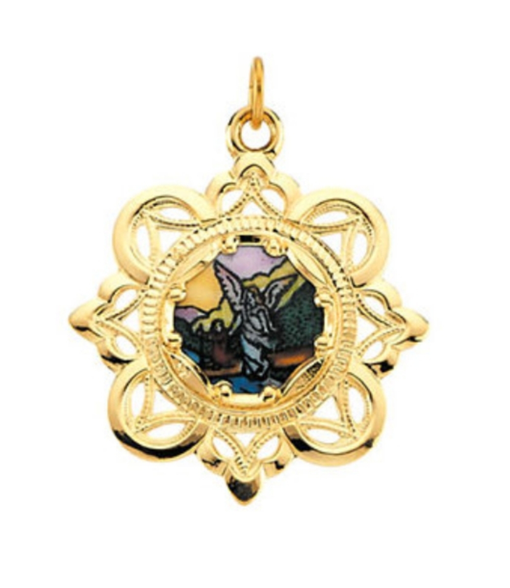 10k Yellow Gold Guardian Angel Framed Enamel Pendant (25.75x25.75 MM).
