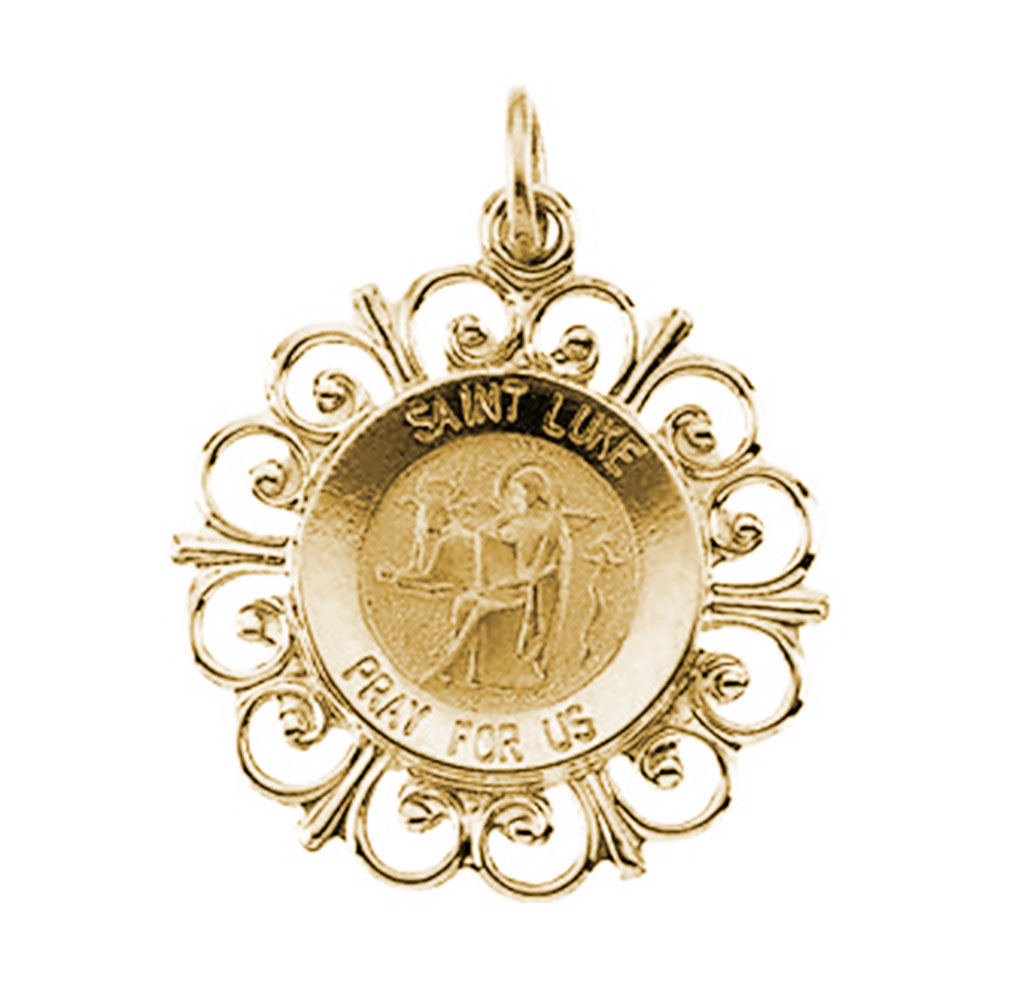 Rhodium Plated 14k Yellow Gold Round Hollow St. Luke Medal (18.5MM).