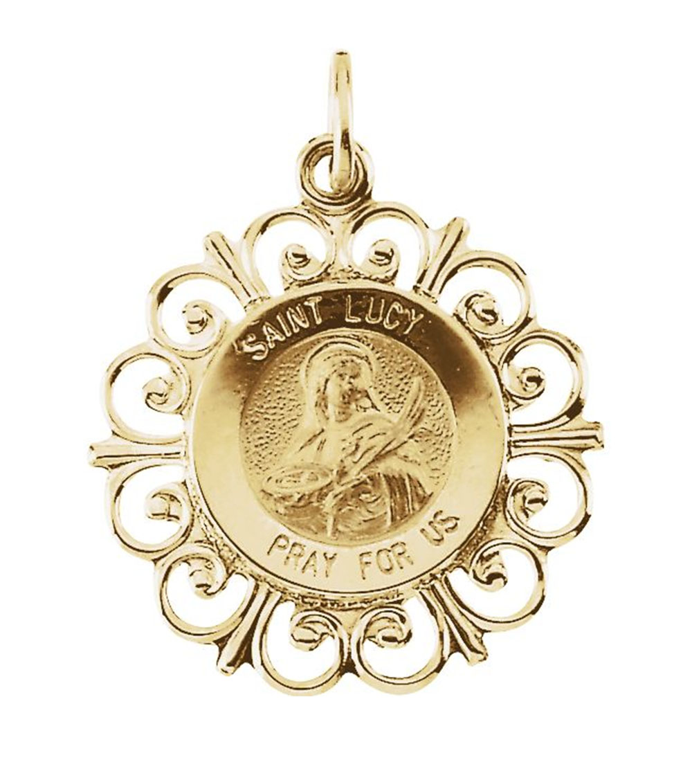 Rhodium Plated 14k Yellow Gold Round Hollow St. Lucy Medal (18.5MM).