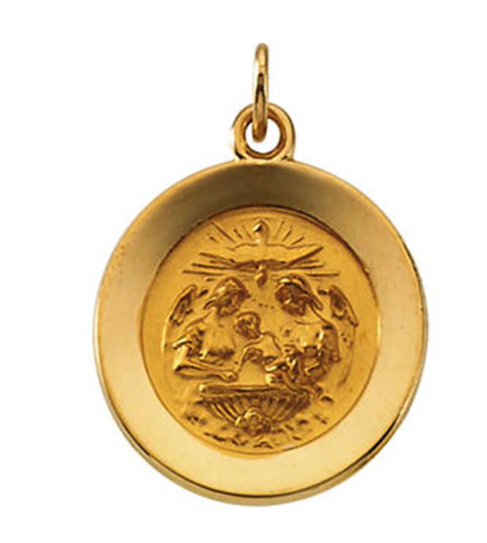 RRhodium Plated 14k Yellow Gold Round Baptismal Medal (11.5 MM).