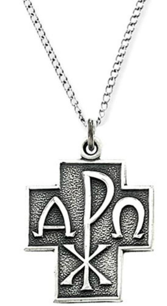 Alpha Omega Christos Cross Necklace in Antiqued Sterling Silver.