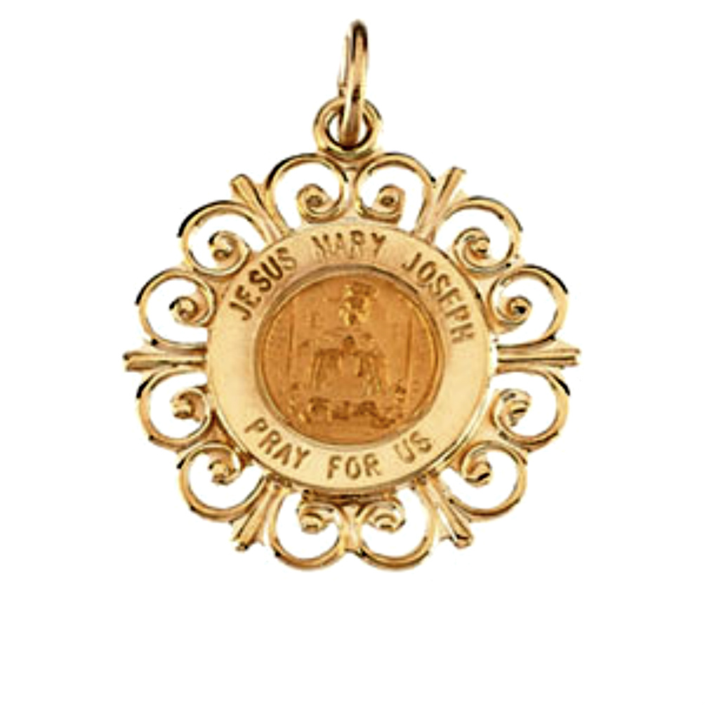 Jesus Mary and Joseph Alta Gracia Holy Family Medal in 14k Yellow Gold with Filigree Frame, 18.50 Millimeters Round.