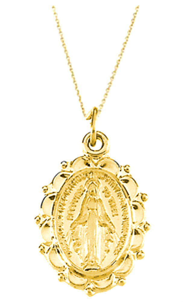Immaculate Conception or Miraculous Medal yellow gold filled necklace is 18 inches in length.