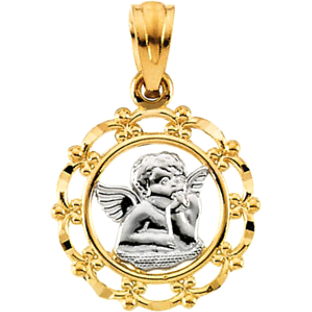 Two-Tone 14k White and Gold Raphael Angel Medal with Scalloped Frame.