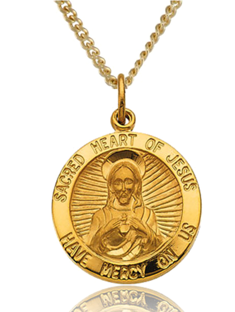 Sacred Heart of Jesus Round Scapular Yellow Gold Filled Necklace is 24 inches long and 18 millimeters in diameter.