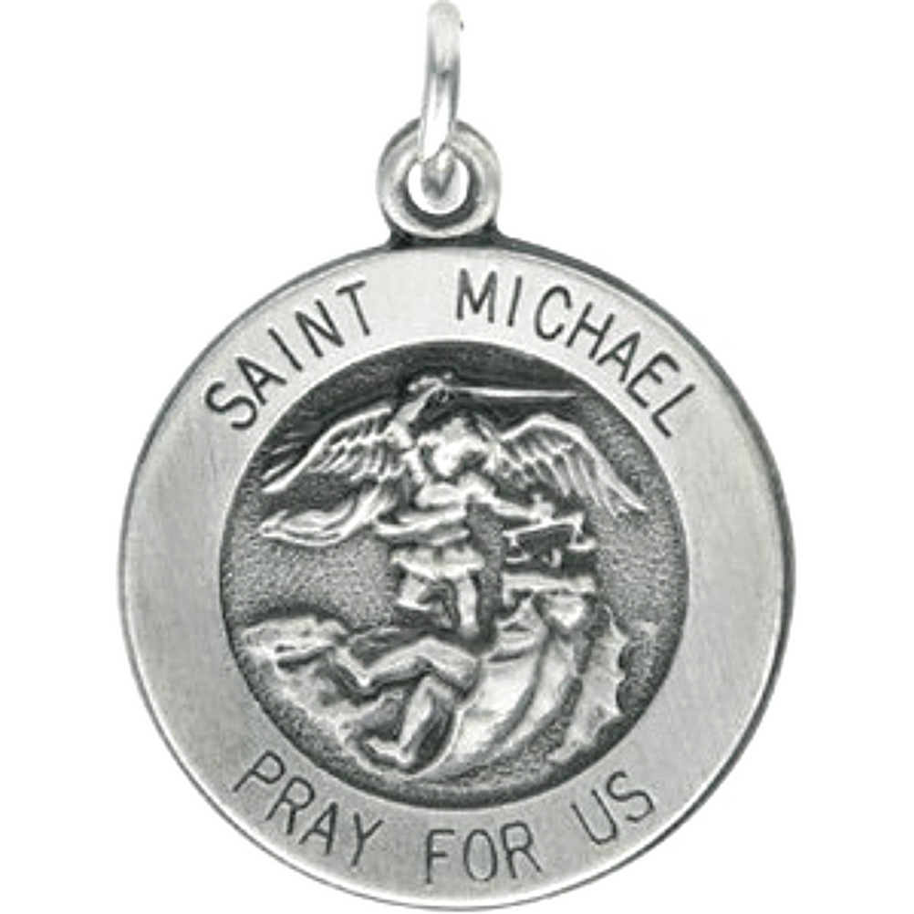 Antiqued Sterling Silver Round St. Michael Medal Necklace.