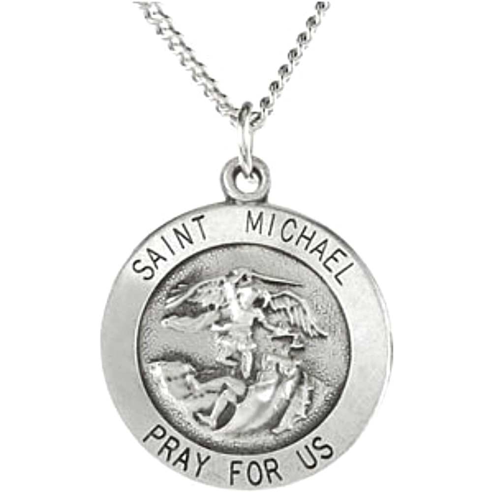 Antiqued Sterling Silver Round St. Michael Medal Necklace.