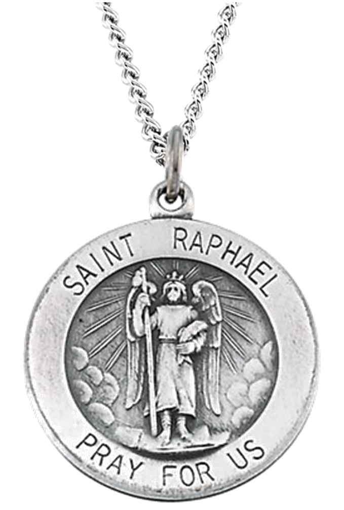 St. Raphael Round Medal, Sterling Silver Necklace.