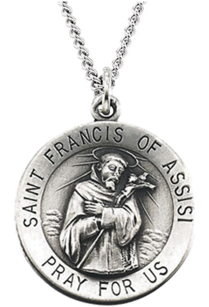 St. Francis of Assisi Sterling Silver Necklace in 18 and 24 Inch Lengths.