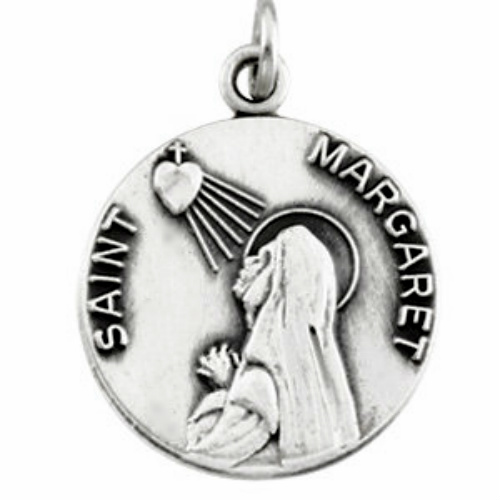 Sterling Silver St. Margaret Medal Praying to the Sacred Heart of Jesus.