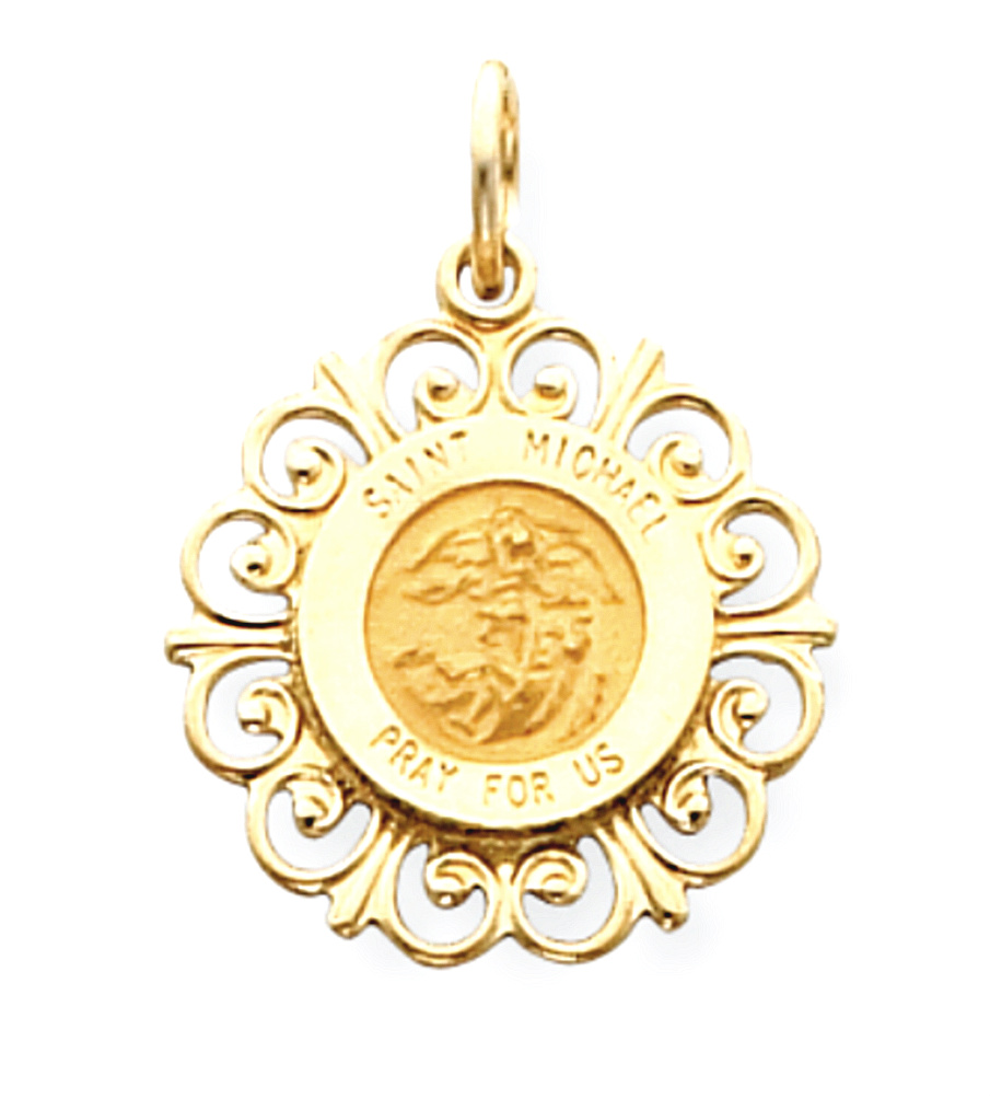 St. Michael Medal with Filigree Frame in 14k Yellow Gold.