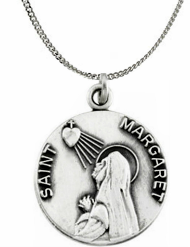 Sterling Silver St. Margaret Medal, Patron Saint of Devotees to the Sacred Heart of Jesus Necklace, 18".