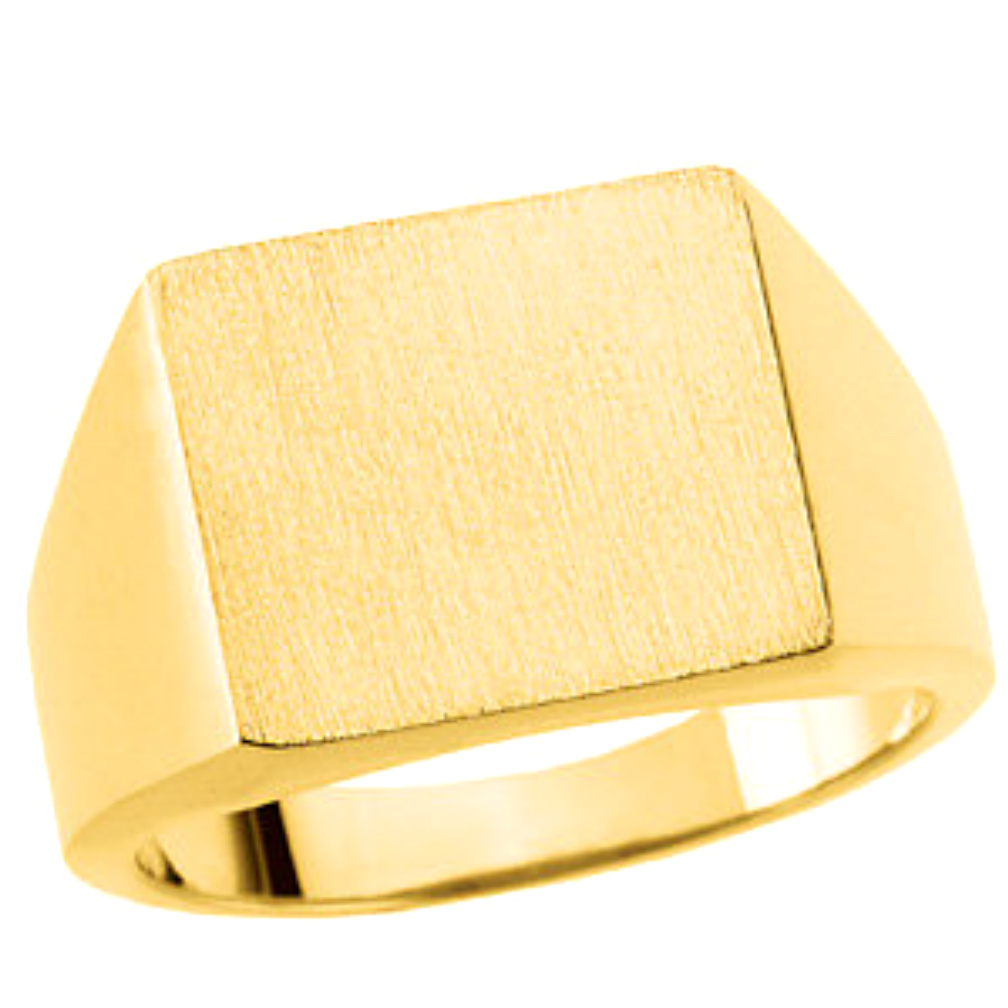 Mens 10k Yellow Gold Square, Flat-Top Satin Brushed Signet Ring, Engrave-able, Sizes 9 to 11, offered in quarter sizes, as well. 