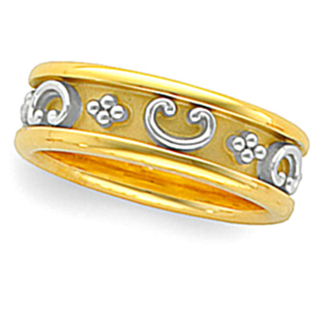 Scroll Etruscan Inspired Inlaid Band, 6.5mm Rhodium-Plated 14k Yellow And White Gold 