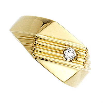Men's 14k yellow gold diamond solitaire flat-top ring with a geometrical grooved pattern across the top and the shoulders of the ring.