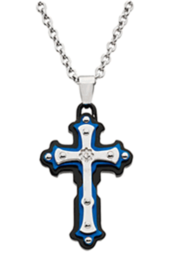 Boys Blue, Black Stainless Steel Diamond Cross by Black & Blue Jewelry Co NY