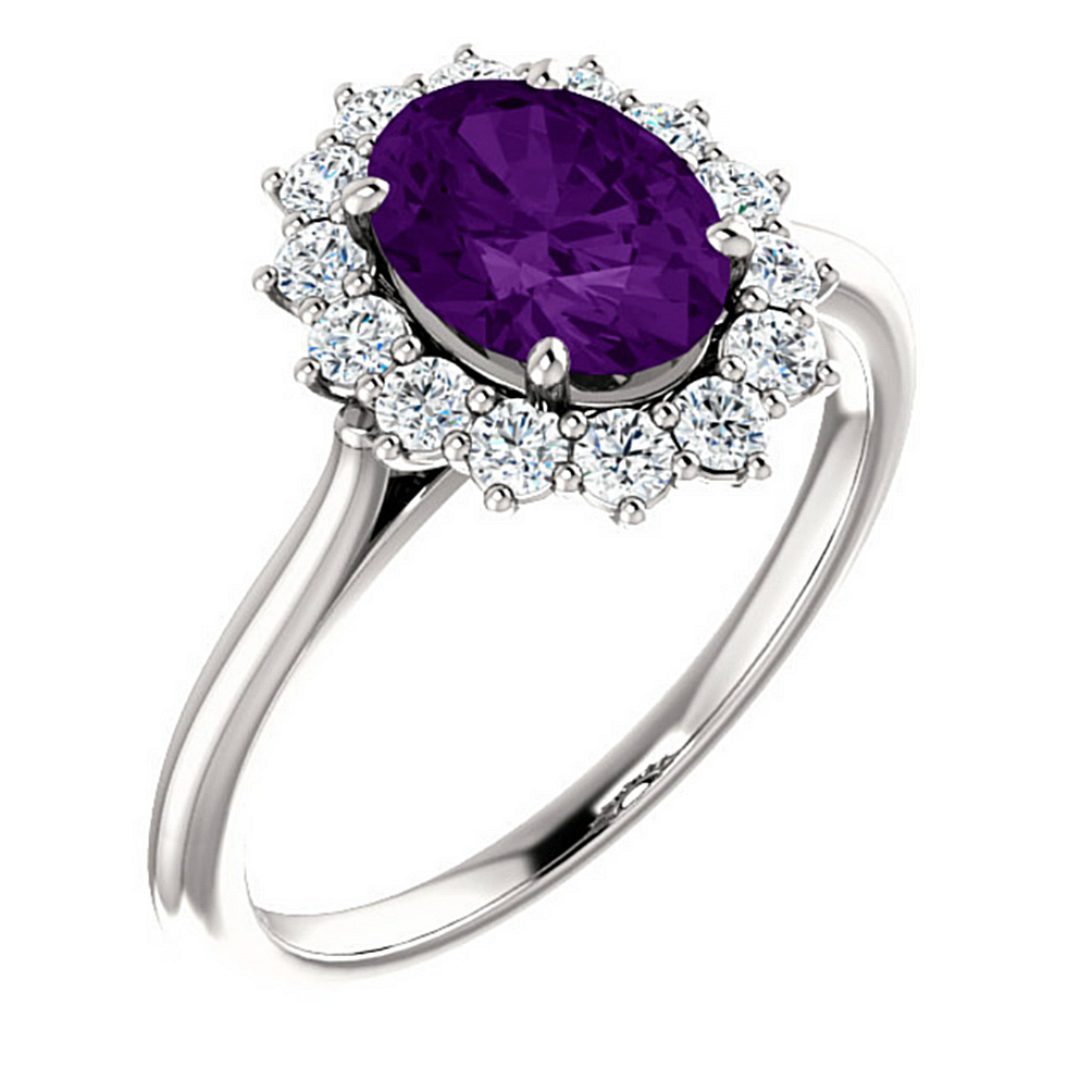 14k white gold, amethyst and diamond halo ring, Princess Diana Style birthstone and anniversary ring.