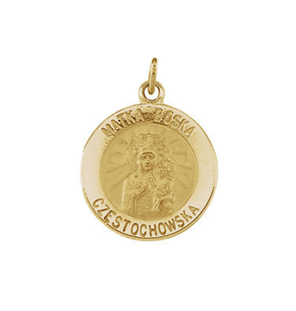 14k Yellow Gold Round Matka Boska Medal.