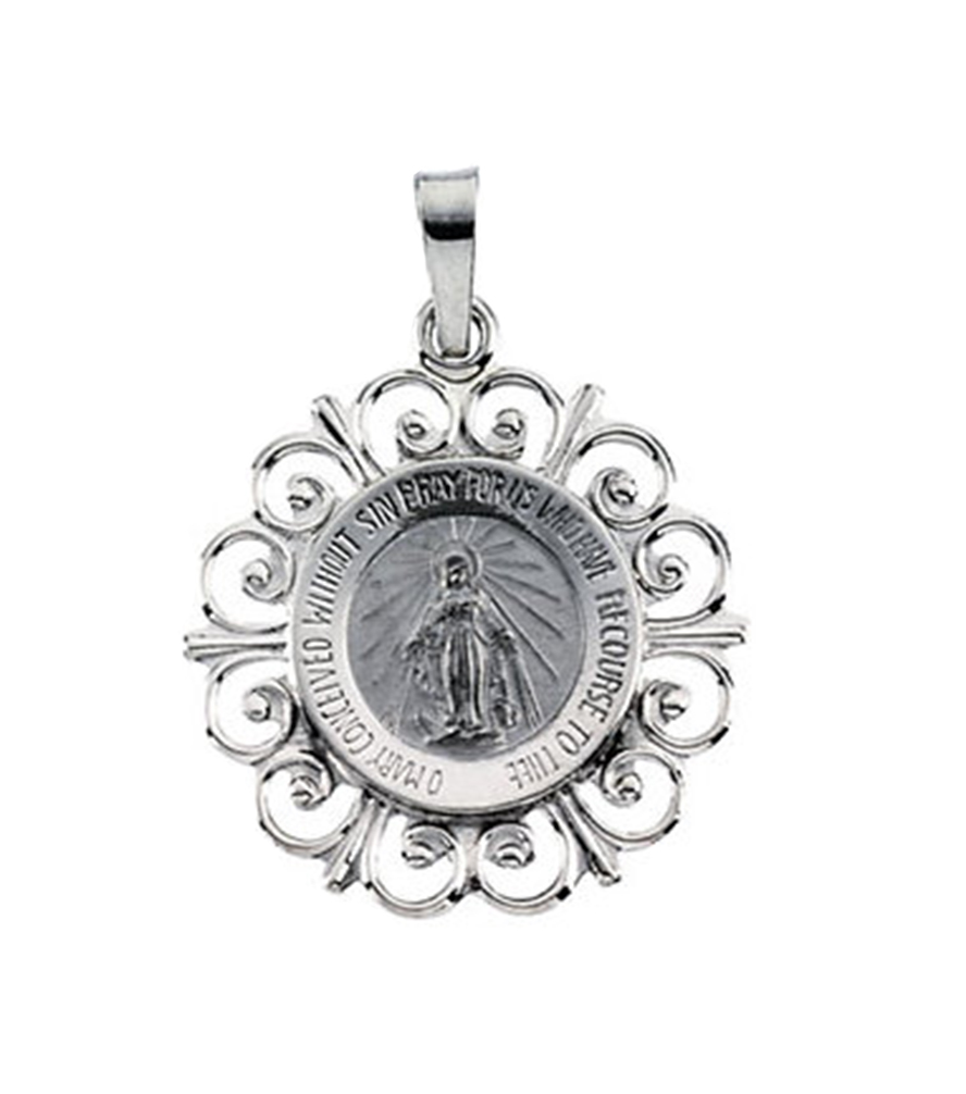 14k White Gold Round Miraculous Medal (20x18 MM)./><img decoding=